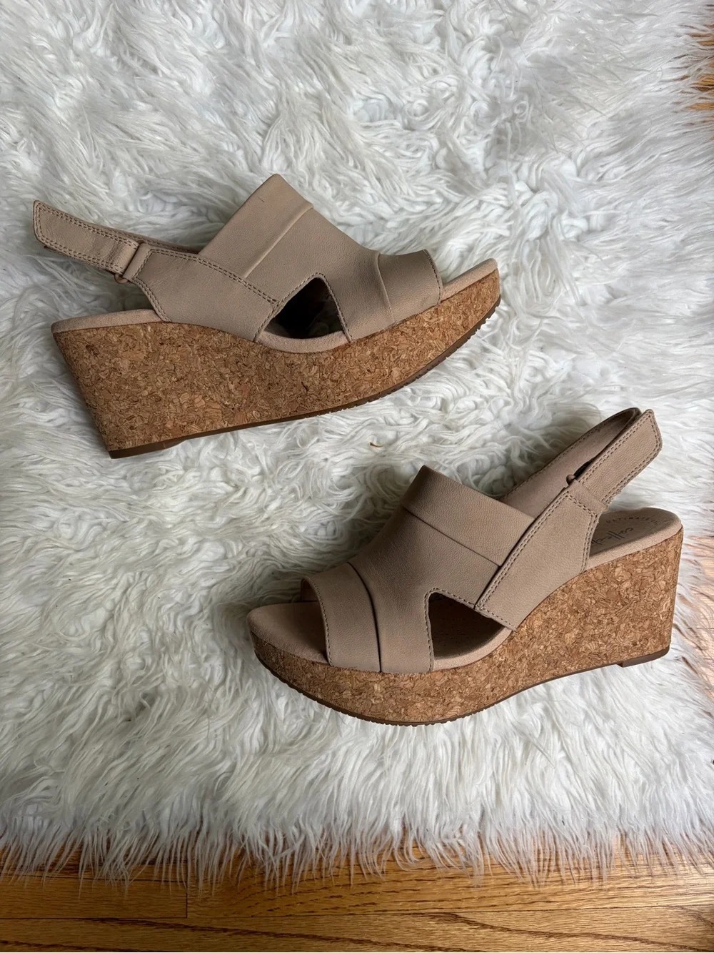 Clarks Annadel Ivory Beige/Tan Cork Platform Wedge Sandals